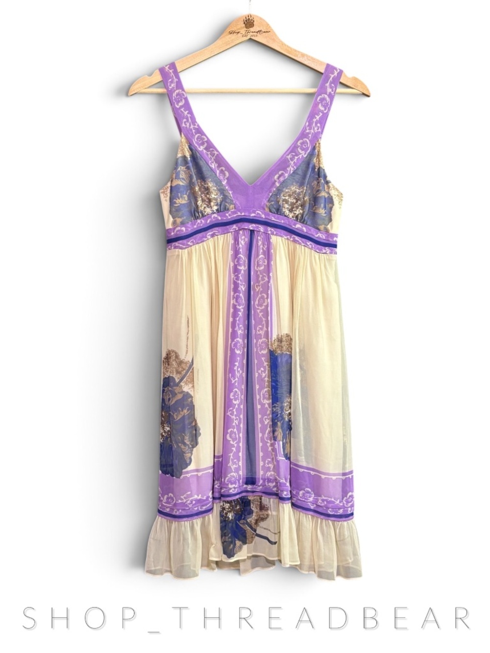 Like New {lil · Anthro} 100% Silk Ivory Purple Empire Mini Cocktail Dress | 0 XS